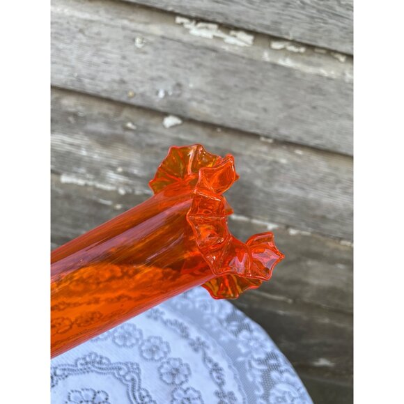 Vintage MCM Orange/Clear Ruffled Art Glass Pedestal Vase - Picture 5 of 10